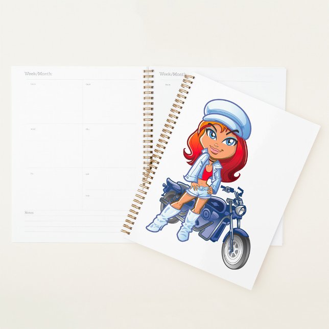 Agenda Sassy Biker Girl com cabelo vermelho e motocicleta (Criador carregado)