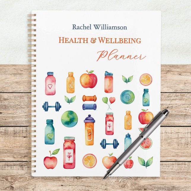 Agenda Saúde e bem-estar personalizados coloridos (A spiral-bound Health and Wellbeing planner, with personalized name and colorful illustrated cover)