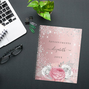 Agenda Script 2026 do nome da brilho prateado floral cor-