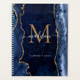 Agenda Script de Monograma de Geodo de Agate Dourado Azul