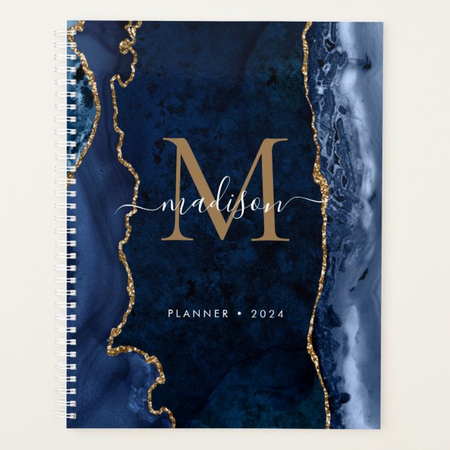Agenda Script de Monograma de Geodo de Agate Dourado Azul (Frente)