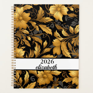 Agenda Script de nome negro e dourado floral