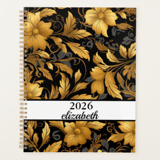 Agenda Script de nome negro e dourado floral