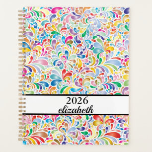 Agenda Script de nome negro e dourado floral