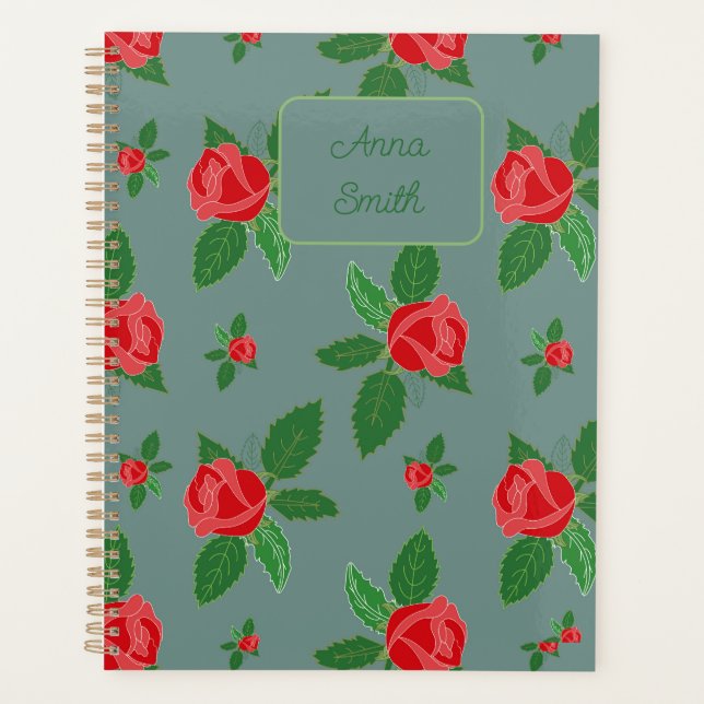 Agenda Script de Padrão Floral Rosa vermelha e Leaves_ (Frente)