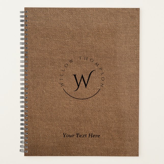 Agenda Script Elegante De Brown Linen Russo Monograma (Frente)