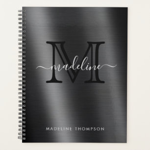Agenda Script Elegante de Monograma Preto Brutado Metálic