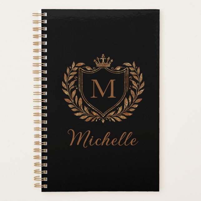 Agenda Script elegante Monograma Dourado de luxo personal (Frente)