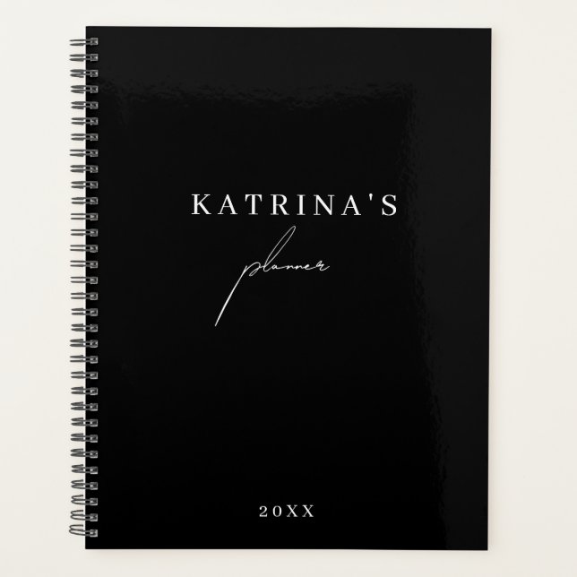 Agenda Script minimalista branco preto-Na moda personaliz (Frente)