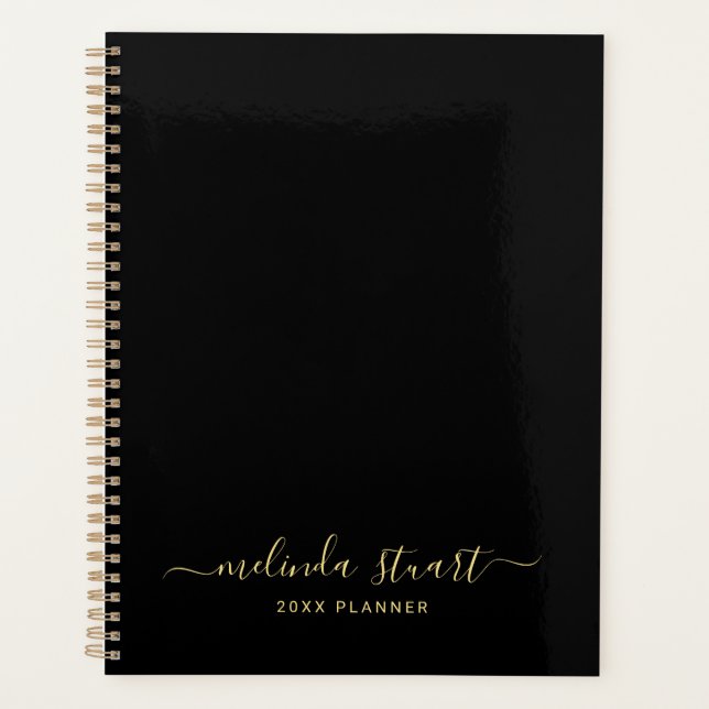 Agenda Script Moderno Profissional Preto e Dourado (Frente)
