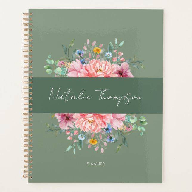 Agenda Script moderno sage verde-trendy flores monograma (Frente)