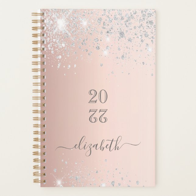 Agenda script monograma de poeira de prata rosa dourada (Frente)
