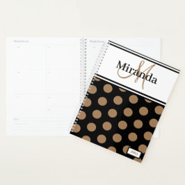 Agenda Script Monogramas Bolinhas castanhas brancas preta