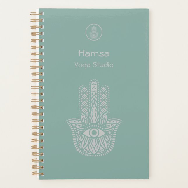 Agenda Seafoam Green Yoga Studio Hamsa Personalizável (Frente)