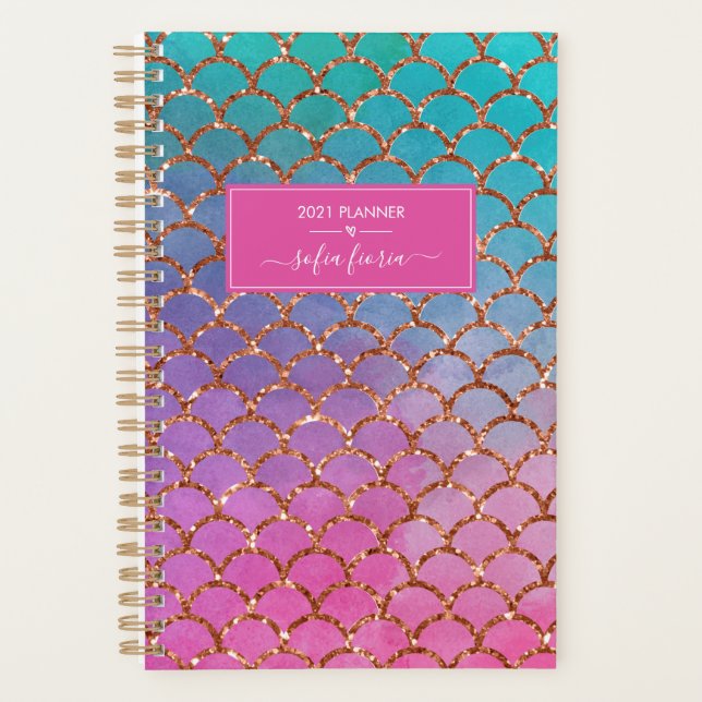 Agenda Sereia Rosa Azul Dourado Glitter Nome Script 2021 (Frente)