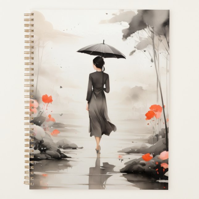 Agenda  Serene Rainy Path Art Planner with Floral Accents (Frente)