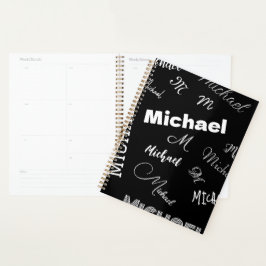 Agenda Seu nome e monograma padrão personalizado preto