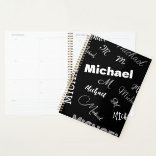 Agenda Seu nome e monograma padrão personalizado preto