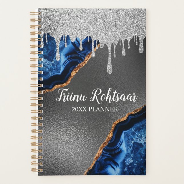 Agenda Silver Faux Glitter Glam Bling Personalizado Metal (Frente)