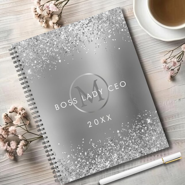 Agenda Silver Glitter Boss Lady CEO Monograma (Sparkly Silver Glitter Boss Lady CEO Metallic Silver Monogram Annual Planner)
