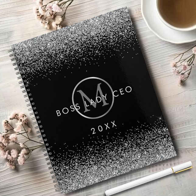 Agenda Silver Glitter Boss Lady CEO Monograma (Sparkly Silver Glitter Boss Lady CEO Black Monogram Annual Planner)