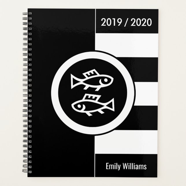 Agenda Símbolo Zodiano Personalizado Peixes Preto e Branc (Frente)