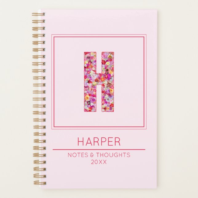 Agenda Simple Blush Pink Girly Floral Monogram Letter H (Frente)