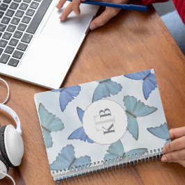 Agenda Simples Azul Lindas Borboletas Monograma