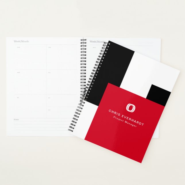 Agenda Simples de Bloco de Cores Vermelho Branco e Preto (Exibição)