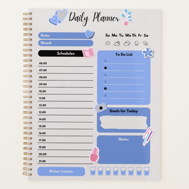 Agenda Soft Blue Daily Planner with Mood & Water Track (Frente)
