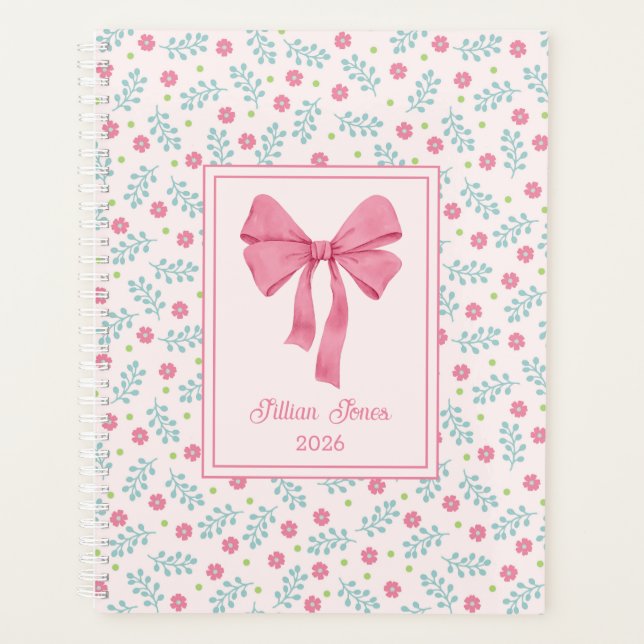 Agenda Soft Pink Floral Framed Pink Bow Custom Name (Frente)
