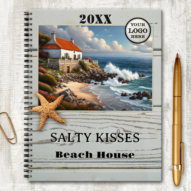 Agenda Starfish Photo Beach House Coastal (Beach house planner featuring your custom photo and logo on a weathered wood design with starfish)