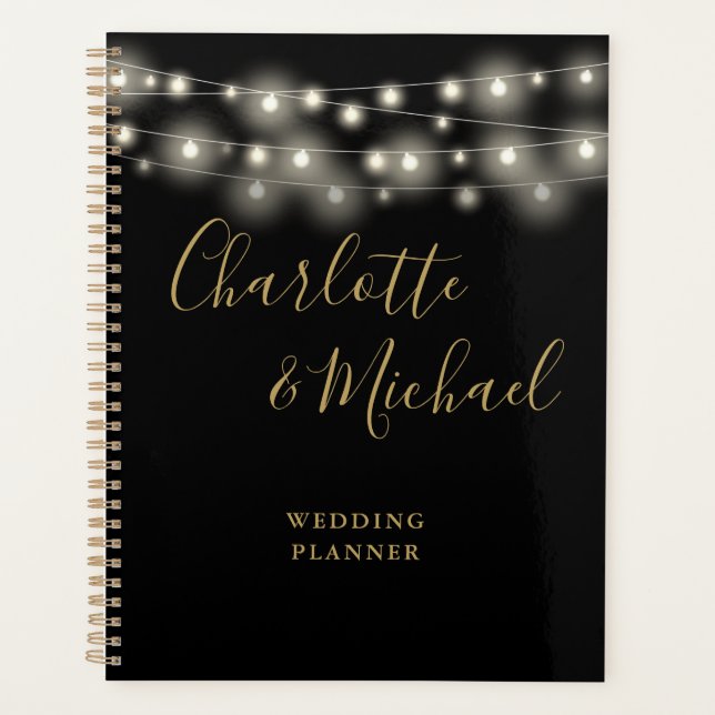 Agenda String Lights Script Dourado Casamento Preto (Frente)