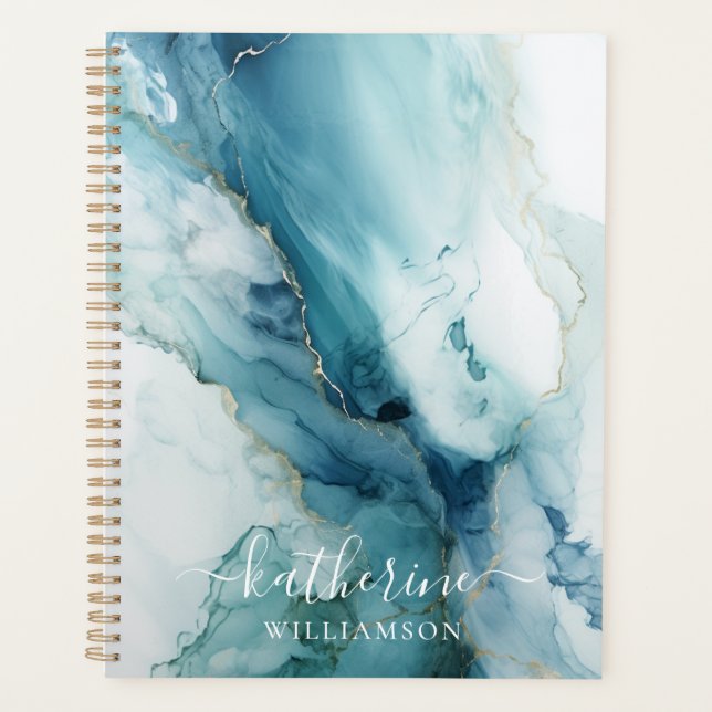 Agenda Stylish Script Blue&Gold Marble Custom Name (Frente)