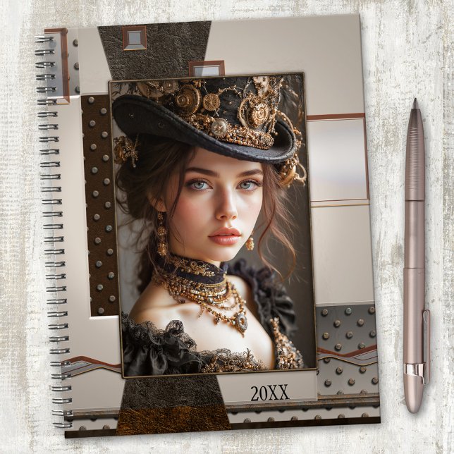Agenda Sua Galota Metálica Industrial (Elegant planner featuring your custom photo framed by a steampunk artistic industrial design)