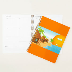 Agenda Sunset de praia tropical com Thatch Huts