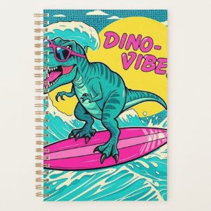 Agenda T-Rex vestindo óculos de sol e cavalgando um néon