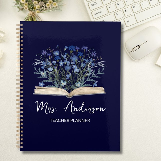 Agenda Teacher Planner Blue Wildflowers Grow From Book (In situ)