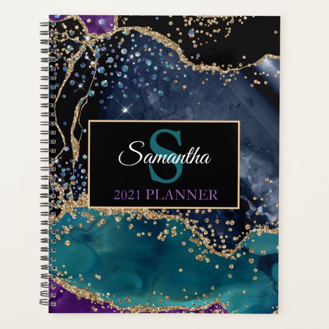 Agenda Teal Black Dourado Agate Monograma Luxo moderno (Frente)
