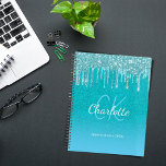Agenda Teal blue glitter aqua green name<br><div class="desc">A teal,  blue sea,  ocean green glitter gradient background. Decorated with faux glitter drips,  paint dripping look. Personalize and add a name,  monogram letters and a title/year. A modern hand lettered style script,  white and blue letters</div>