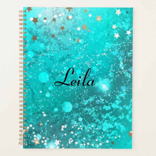 Agenda Teal Blue Sparkly Glitter Name Aqua (Frente)
