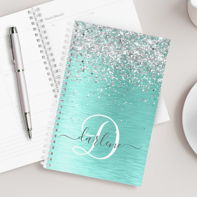 Agenda Teal Brugado Metal Silver Glitter Nome Monograma (Criador carregado)