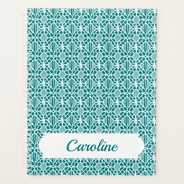 Agenda Teal Com Padrão De Lace De Crochet Branco (Frente)