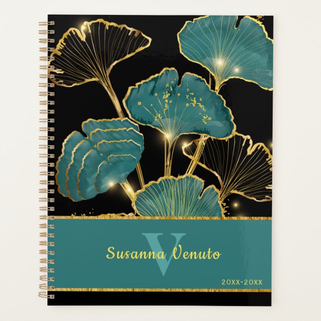 Agenda Teal Dourado Ginkgo Folha de Ginkgo Folha Arte Bot (Frente)