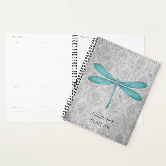 Agenda Teal Dragonfly Damask (Exibição)