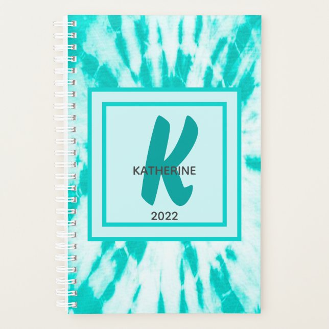 Agenda Teal Tie Dye Monograma e Nomes (Frente)