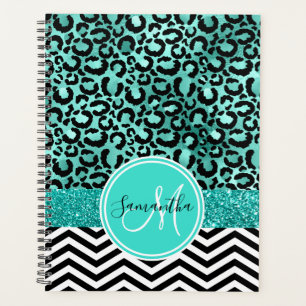 Agenda Teal Turquoise Faux Glitter Leopard Imprimir Monog