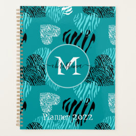 Agenda Teal White Zebra Print Hearts Monograma
