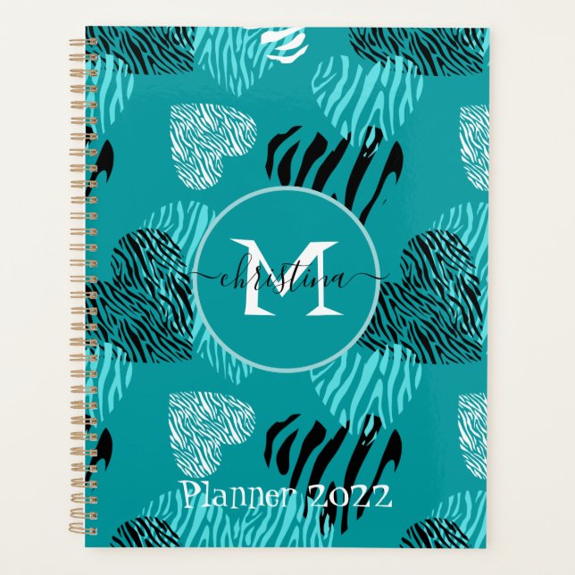 Agenda Teal White Zebra Print Hearts Monograma (Frente)