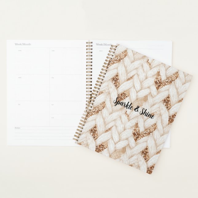 Agenda Tecido Falso Branco Tecido com Brilho Dourado   (Exibição)